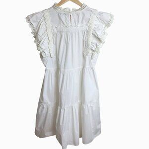 SEA NEW YORK Rylee White Cotton Tiered Tunic Dress Crochet Flutter Sleeve L